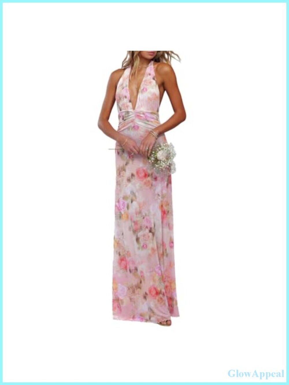 Halter Backless Maxi Dress Deep V Neck Mesh Open Back Wedding Guest